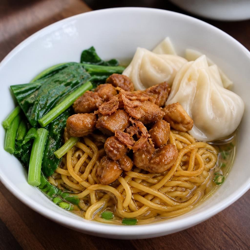 Mie Ayam Pangsit Rebus Es Teler 77 dengan pangsit rebus dan kuah